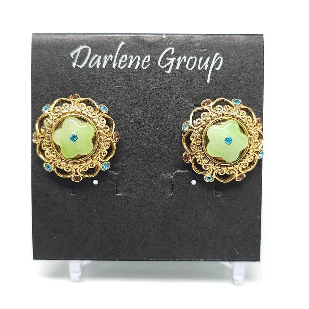 Vintage Darlene Group Earrings Gold Tone Green Flower Bead Rhinestones
